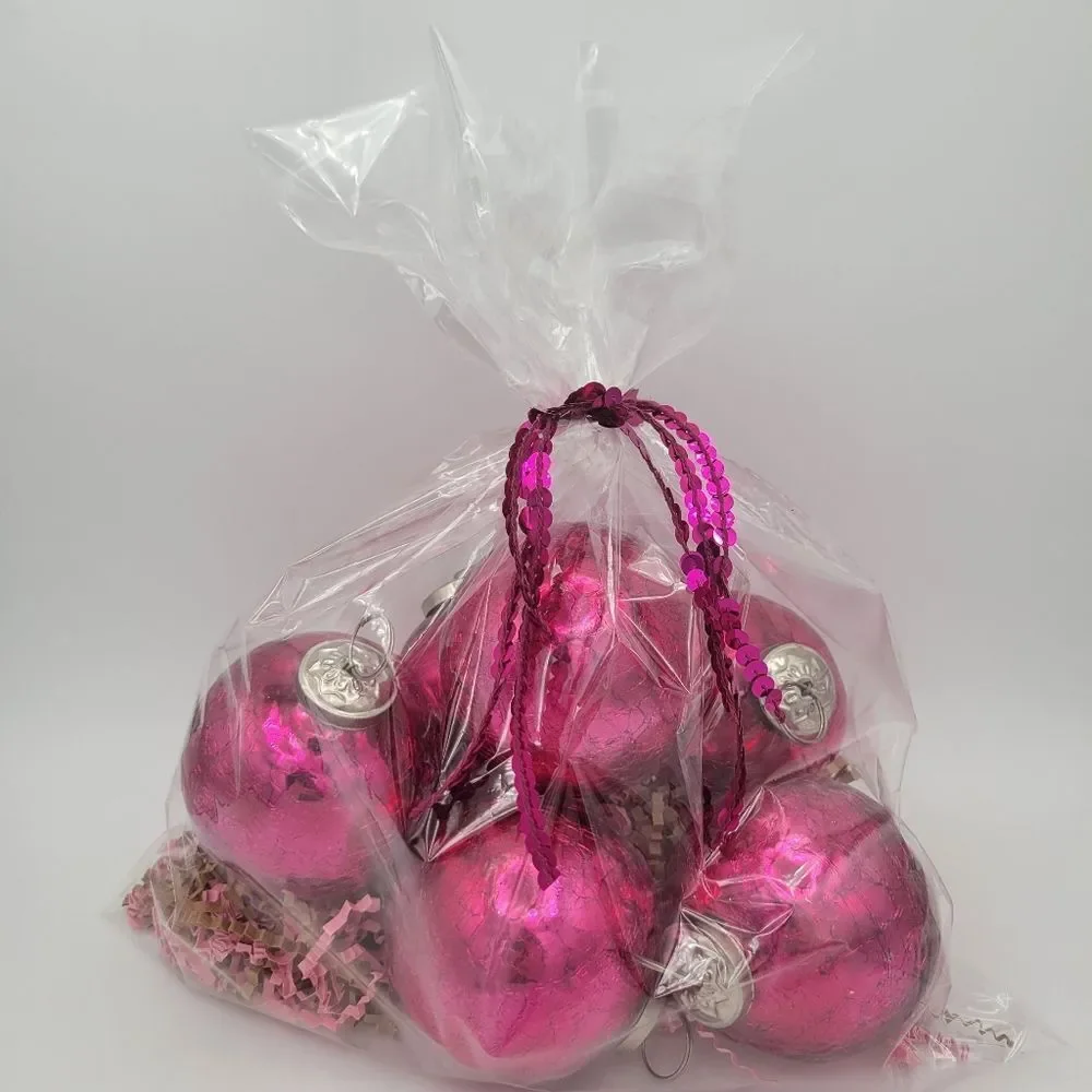 Vintage Hot Pink Crackle Glass Ornaments (Set)